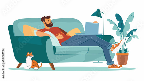 Man relaxing watching movie on computer at home. Pers