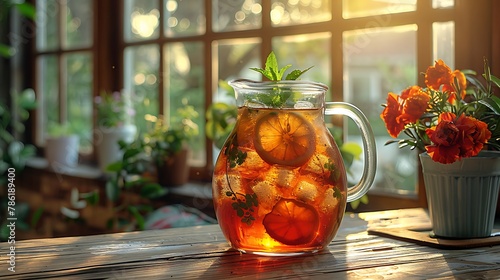 Rays of sunlight dance upon a pitcher of iced tea, evoking lazy afternoons and leisurely sips.