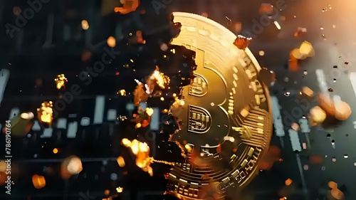 Bitcoin Crash Landing: Shattered 3D coin against upward trend