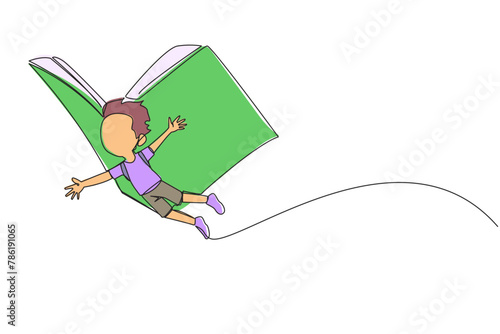 Continuous one line drawing boy flying with wings that come from an open big book. The metaphor carries over with the storyline. Constructive fantasy. Single line draw design vector illustration