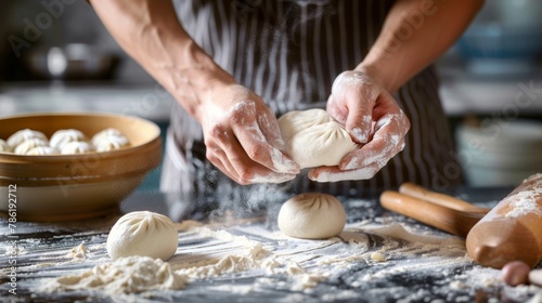 Photorealistic image of hands kneading dough on a flour-dusted countertop with a bowl of fluffy dough and a rolling pin nearby. The focus is on the texture of the dough and the skilled