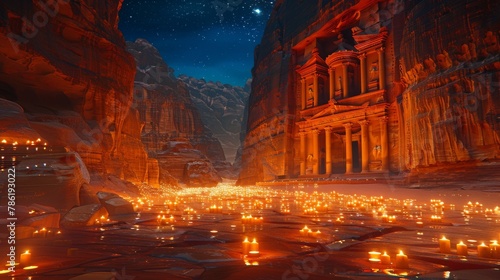 Stylized illustration of Petra by night with hundreds of candles lighting up the floor leading to the Treasury
