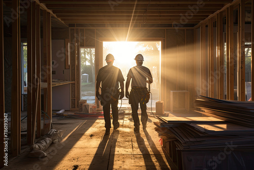 Two construction workers walking through an urban area