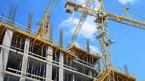 Crane Amidst Building Construction Against Blue Sky