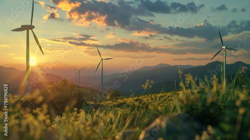 Wind energy. Wind power. Sustainable, renewable energy. Wind turbines generate electricity. Windmill farm on mountain with sunset sky. Green technology. Renewable resource. Sustainable development