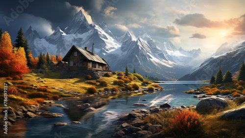 landscape a cozy little house in the autumn mountains, a hut in an incredible panorama of nature