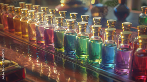 Multiple vials of multicolored vintage perfumes lined