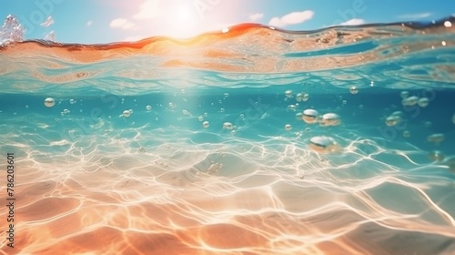 Abstract double light exposure summer seascape with blurred lights on clear ocean waters