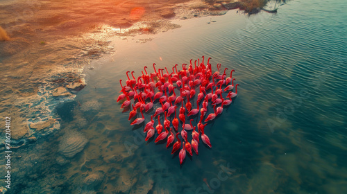 A flock of flamingos are swimming in a body of water, creating a heart shape