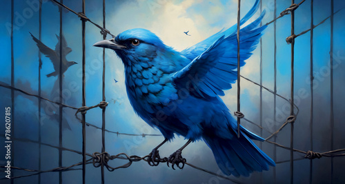 A blue bird caught in rusty barbed wire against a dramatic sky, freedom for birds concept.