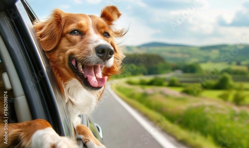 Happy dog enjoying car ride at sunset