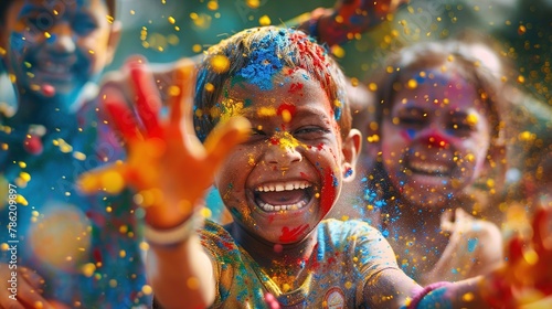 Children gleefully chasing each other with handfuls of colored powder, their faces lit up with joy and mischief during a playful Holi gathering.