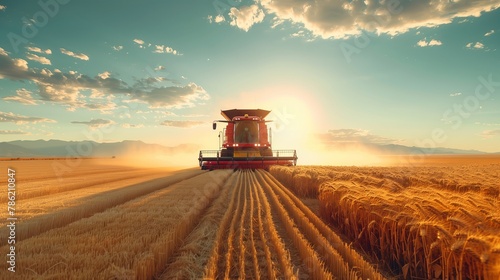 Combine harvester cutting wheat at sunset in a vast plain