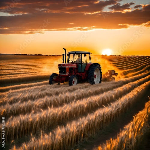 A futuristic Techno Machinery tractor logo.a 1960s Massey Ferguson tractor driving through a field of tall wheat at sunset, 16kPhoto of the most beautiful woman in history, soft smirk, Portra 400a 196