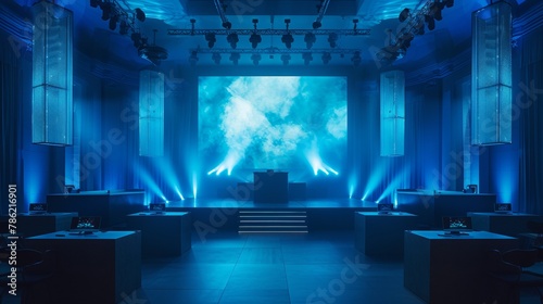 Modern event hall with vibrant blue lighting and digital screens