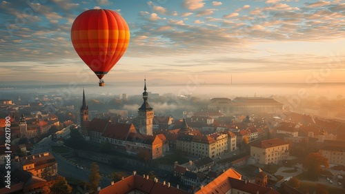 A hot air balloon is flying over a city with a foggy atmosphere