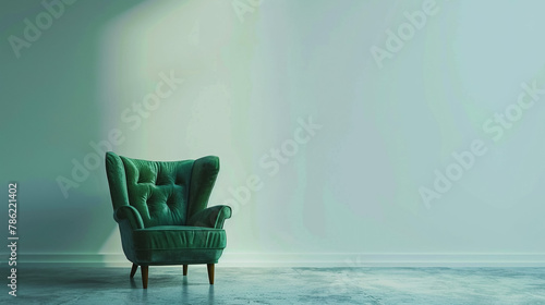 Experience the simplicity and elegance of a room adorned with a green armchair set against a pristine white wall, creating a serene and inviting atmosphere.