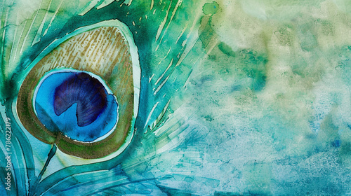 Watercolor abstraction captures peacock feather iridescence in blue and emerald.