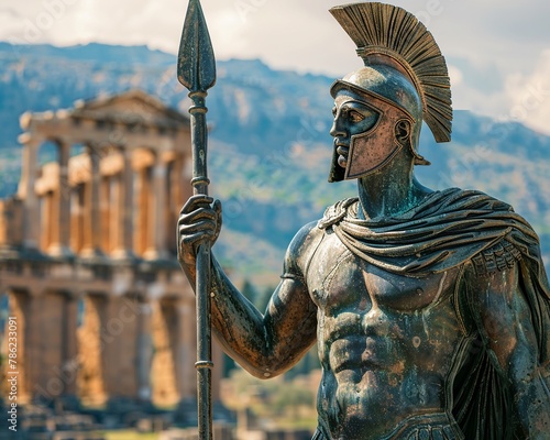 Bronze statue of a warrior poised with a spear, ancient temple ruins in the background ,close-up,ultra HD,digital photography