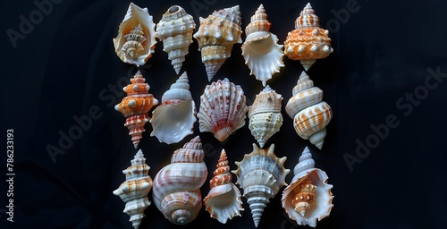 Collection of Various Seashells on Dark Background