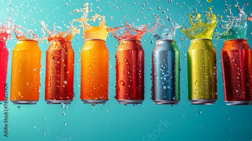 many canned drinks floating colorful variant no labels design advertisement background element