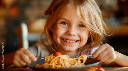 A young girl with blond hair smiling and eating spaghetti