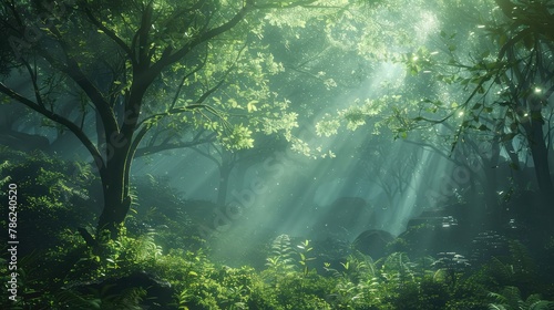 A tranquil forest glen illuminated by the soft glow of morning light, with dew-kissed leaves shimmering in the gentle breeze amidst a symphony of bird song. 
