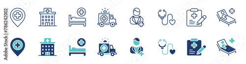 hospital icon vector set medical clinic medic elements signs. ambulance, doctor, stethoscope, patient, prescription, help aid cross symbol design