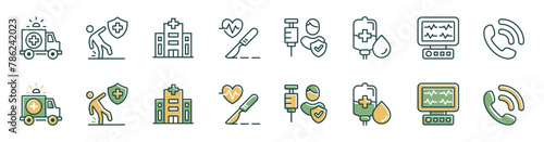 emergency icon line vector set. Containing hospital, ambulance, surgery, insurance, patient, sos call signs illustration collection