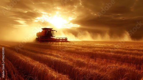 Combine harvester in wheat field at sunset under cloudy sky