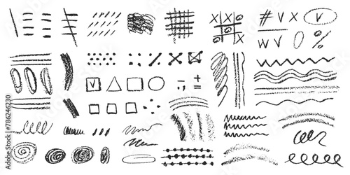Charcoal pencil hand drawing curly lines, splash, squiggles and shapes. Black elements on white background. Grunge chalk crayon scribbles doodles textures. Rough crayon strokes. Vector illustration