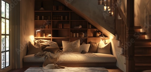 A cozy reading nook tucked beneath a staircase, with soft cushions and warm lighting.