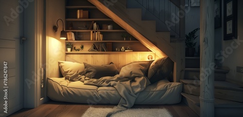 A cozy reading nook tucked beneath a staircase, with soft cushions and warm lighting.