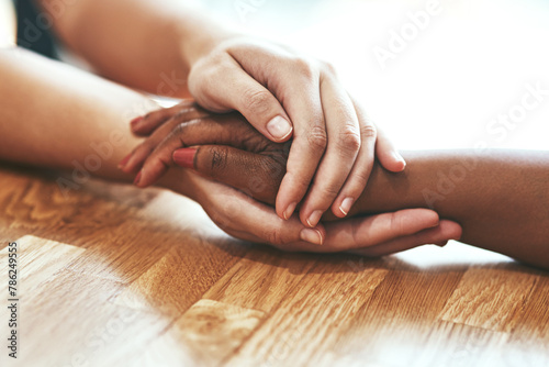 Empathy, people and holding hands for support, help and comfort during grief, mourning and care for healing. Trust, friends and embrace for loss, mental health and to show love for hope or assurance