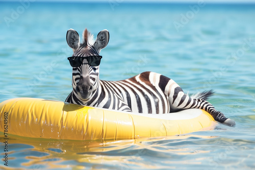 zebra in sunglasses lies on an air mattress in the sea - vacation on the beach