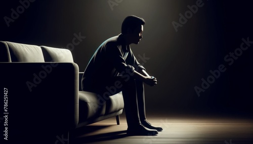 暗い部屋のソファに座る男性のシルエット