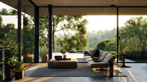 A sleek sunroom offering panoramic garden views, blurring indoor-outdoor boundaries.