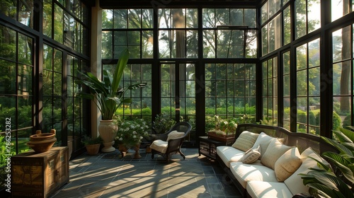 Clean lines of a sunroom accentuating the verdant allure outside.