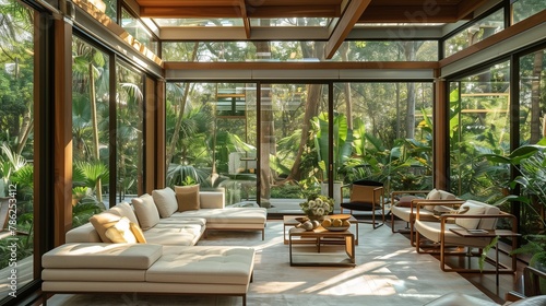 Clean lines of a sunroom accentuating the verdant allure outside.