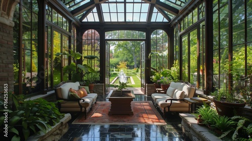 Clean lines of the conservatory framing a captivating garden tableau.