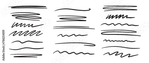 Marker scribble elements collection. Hand drawn strokes, underlines, wave brush marks.Vector set isolated on white background.