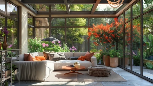 Contemporary sunroom design harmonizing with the vibrant colors of the garden.