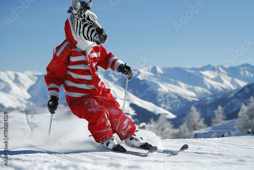 zebra in a ski suit goes skiing in the snowy mountains