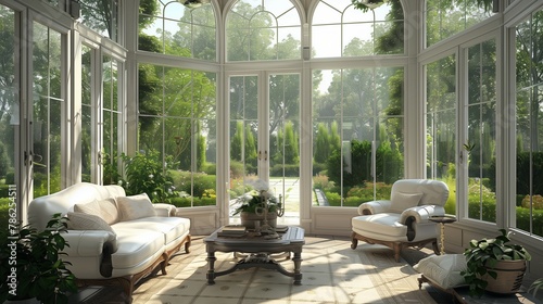 Elegant sunroom design offering an unobstructed view of the verdant garden.