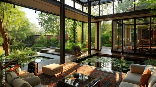Garden oasis seen through the contemporary design of the sunroom's glass.