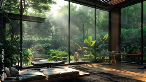 Glass walls reflecting tranquil garden views, inviting nature indoors harmoniously.
