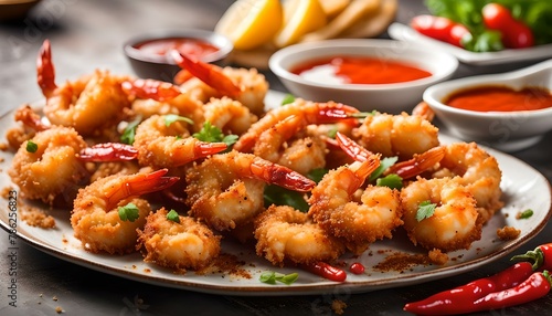 Crispy fried shrimp. Deep fry shrimp with Breadcrumbs on white plate with chilli sweet sauce. Top view