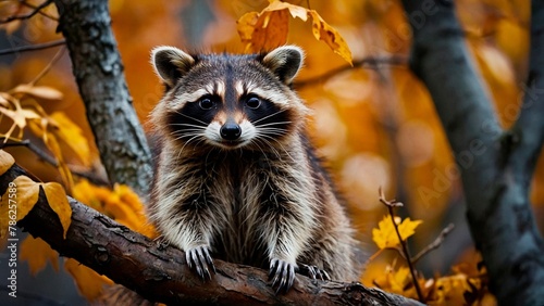 Beautiful portrait of a raccoon surrounded by orange autumn leaves. Animal mammal wildlife photography illustration. Procyon lotor.
