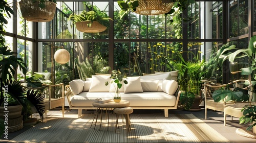 Sun-soaked conservatory with minimalist furnishings blending with botanical abundance.