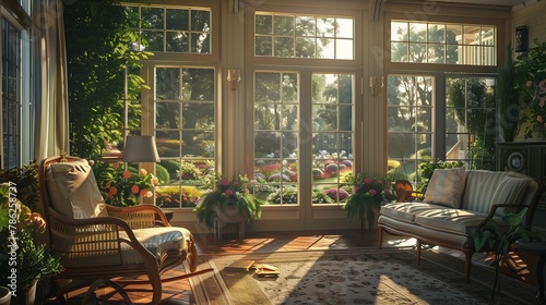 Sunlit sunroom providing a picturesque view of the flourishing garden landscape.